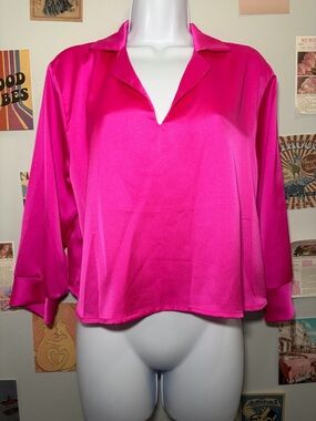 Renee C. Hot Pink Collared V-Neck Blouse